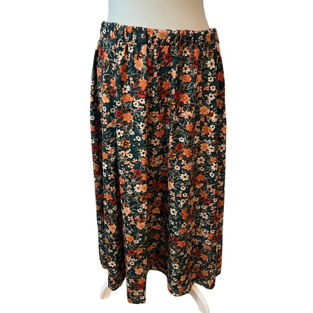 Floral Midi Skirt Womens XL Elastic Waist Boho Cottagecore Orange Green Black